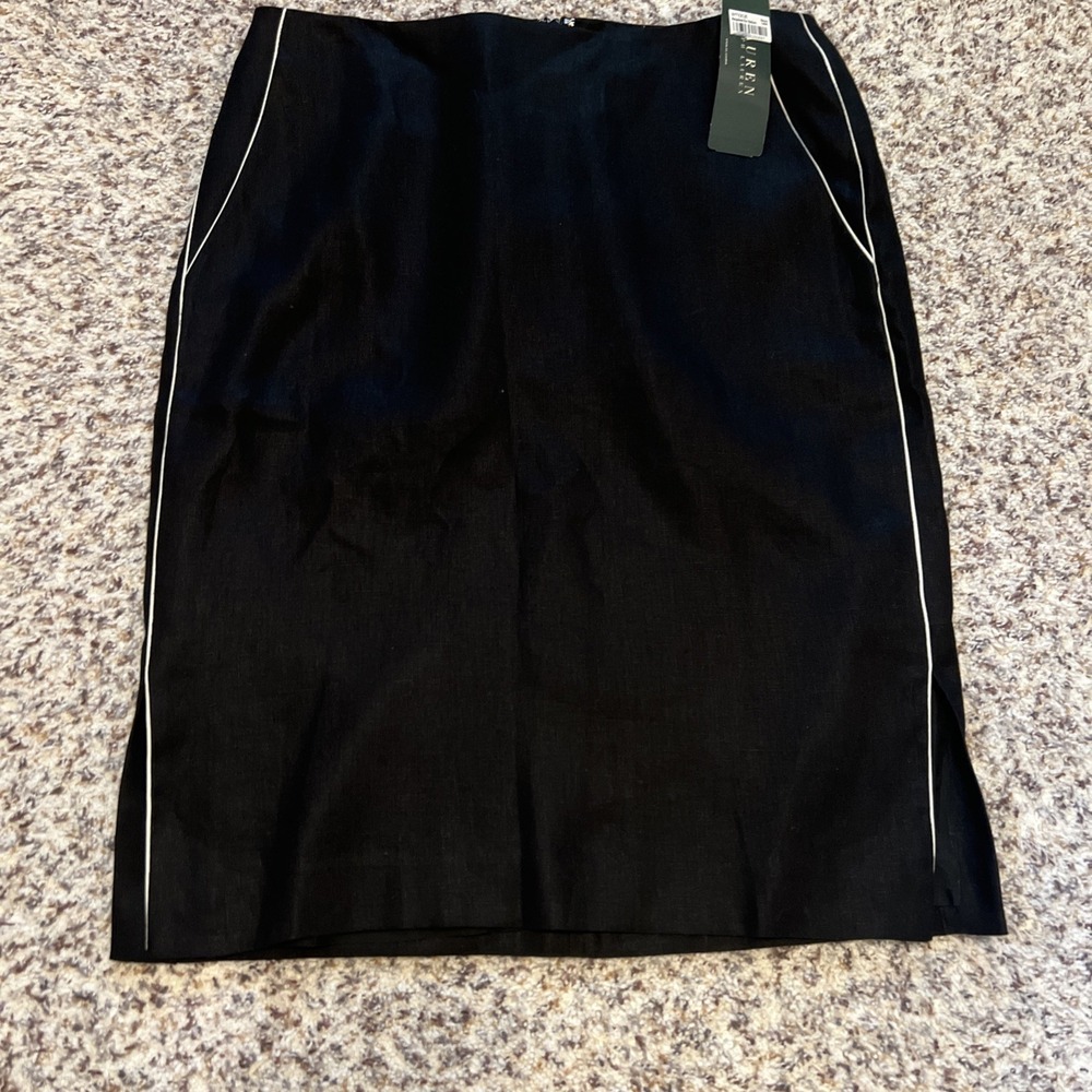 NWT Lauren Ralph Lauren Lined Black Linen Pencil Skirt Sz8 Side Slits Pockets